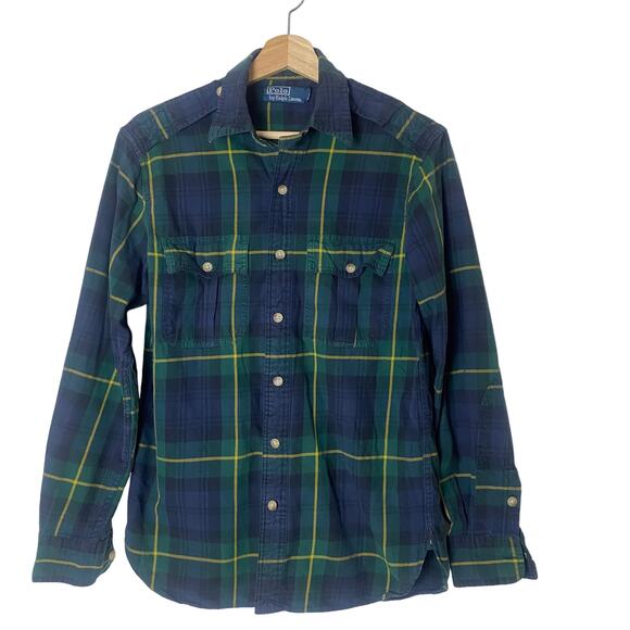 Ralph Lauren Men's Navy Green Plaid Pockets Workshirt Size S - Picture 1 of 8